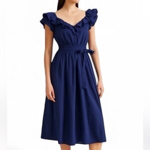 Hill House Ava Navy Ruffle-Trim Midi Dress with Waist Tie